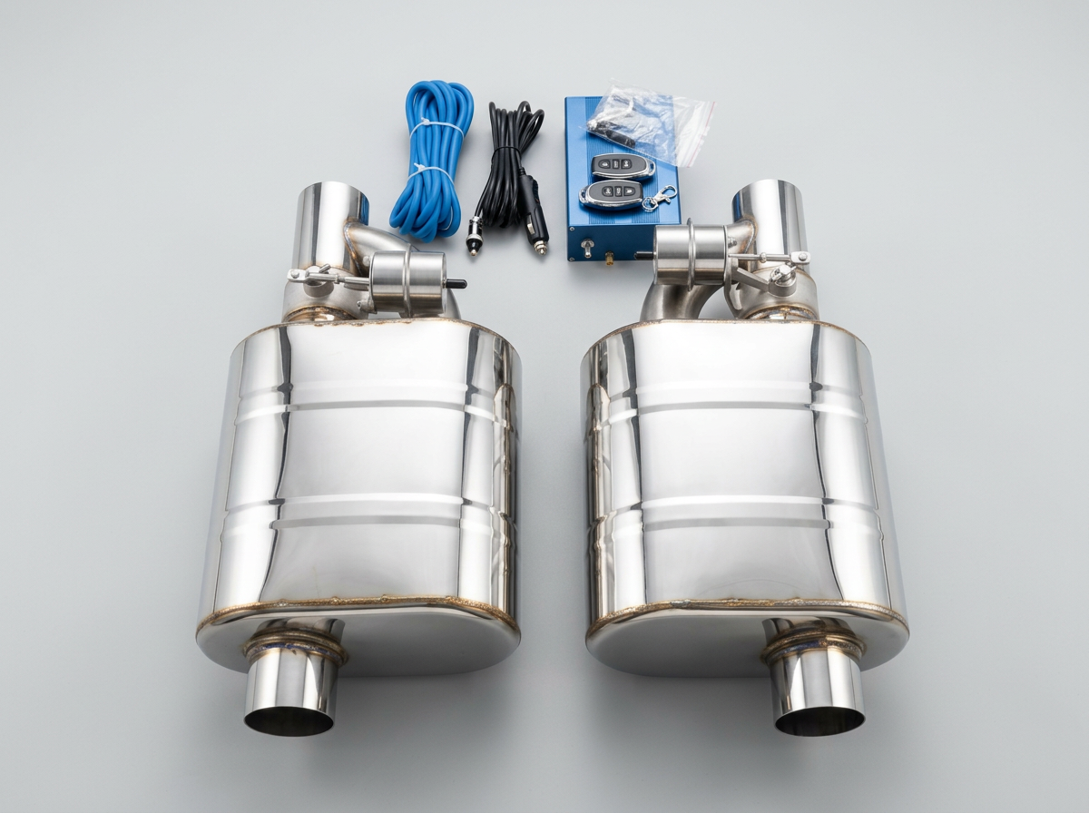 Pair of polished stainless VLVX valved mufflers with valve actuators and electronic control kit