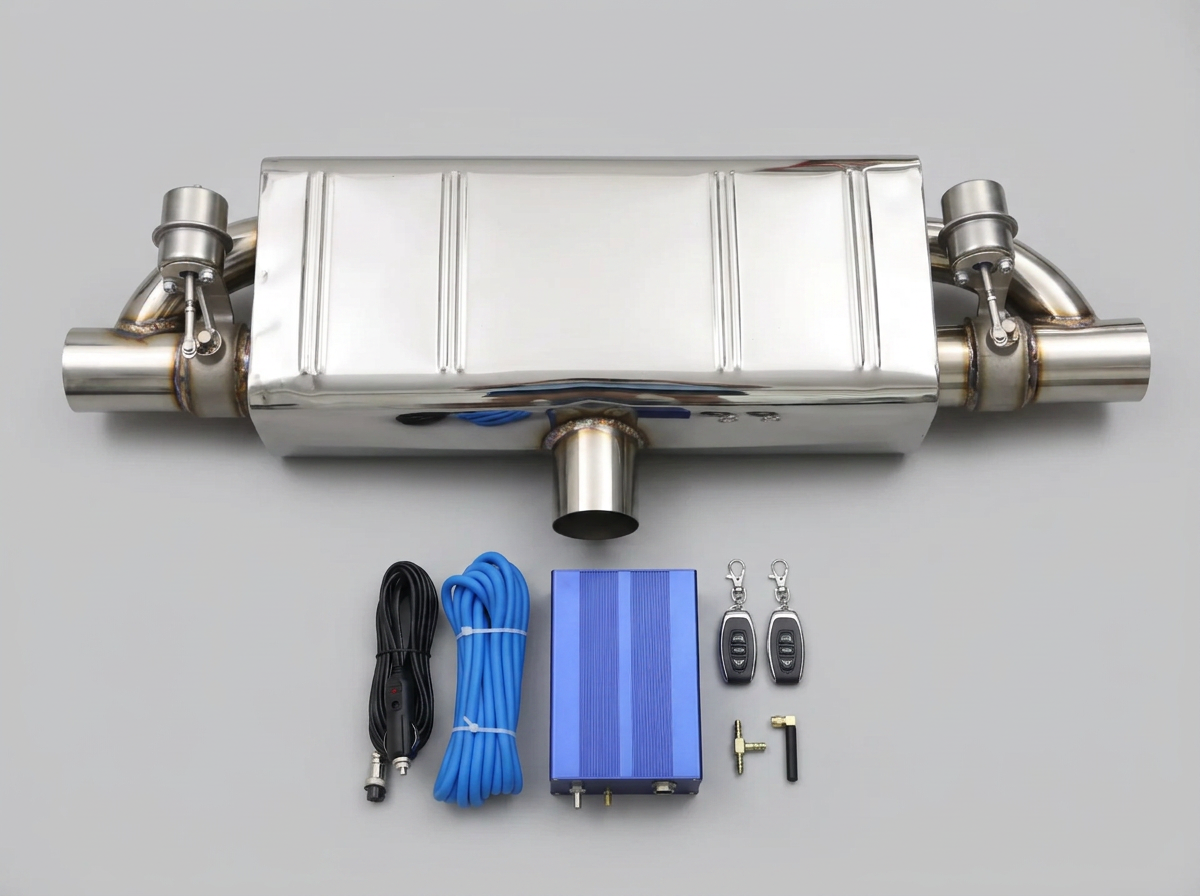 Polished stainless T-style valved muffler with dual valve actuators and center outlet