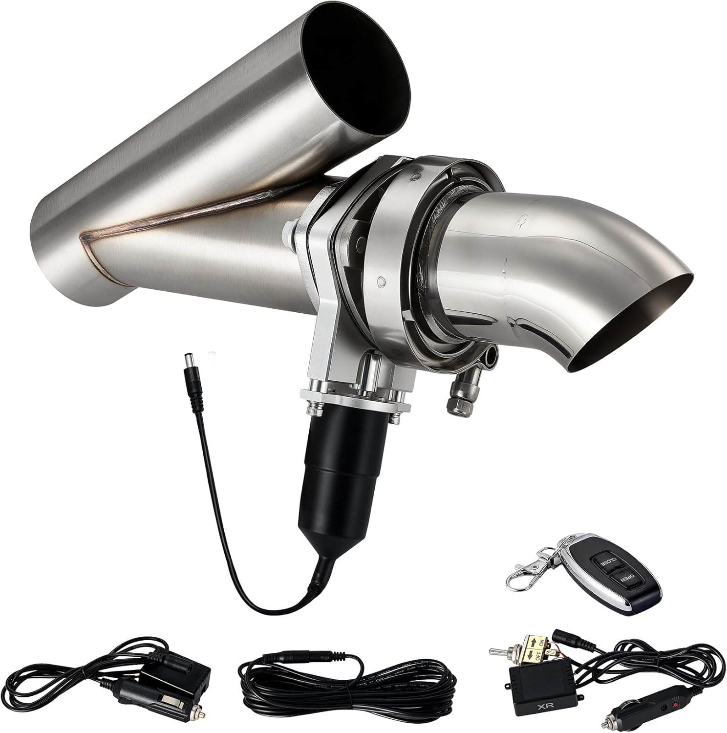 Stainless steel electric exhaust cutout valve with actuator, remote control and wiring harness